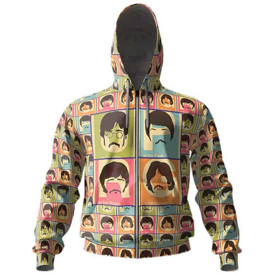 The Beatles Colored Head Pattern Zip-Up Hoodie