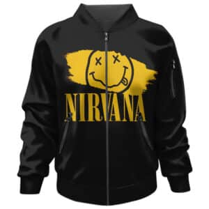 Iconic Rock Group Nirvana Smiley Logo Black Bomber Jacket