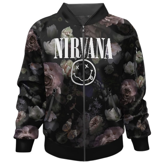 Rock Band Nirvana Smiley Logo Rose Pattern Bomber Jacket