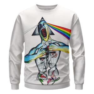 Rainbow Prism Half-Faced Man Statue Art White Pink Floyd Sweatshirt