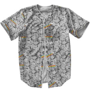 Please generate a highly converting, engaging, and compelling product description text for the "American Band Pink Floyd Rainbow Prism Smoke Pattern Gray Baseball Jersey". The description text should effectively highlight the unique features and benefits of the product, captivating potential customers and enticing them to make a purchase. The aim is to create a vivid and enticing narrative text that showcases the product's quality and functionality, leaving a lasting impression on the audience.