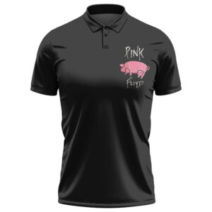 Rock Band Pink Floyd Minimalist Pink Pig Icon Logo Black Polo Tee