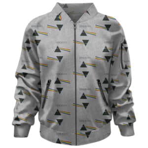 Please generate a highly converting, engaging and compelling product description text for this product: Triangle Rainbow Prism Logo Pattern Pink Floyd Bomber Jacket. The description should effectively highlight the unique features and benefits of the product, captivating potential customers and enticing them to make a purchase. The aim is to create a vivid and enticing narrative that showcases the product's quality and functionality, leaving a lasting impression on the audience. Within the description make sure to include the keywords Pink Floyd Bomber Jackets and Pink Floyd Clothing & Merchandise.