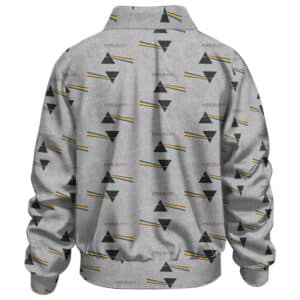 Please generate a highly converting, engaging and compelling product description text for this product: Triangle Rainbow Prism Logo Pattern Pink Floyd Bomber Jacket. The description should effectively highlight the unique features and benefits of the product, captivating potential customers and enticing them to make a purchase. The aim is to create a vivid and enticing narrative that showcases the product's quality and functionality, leaving a lasting impression on the audience. Within the description make sure to include the keywords Pink Floyd Bomber Jackets and Pink Floyd Clothing & Merchandise.