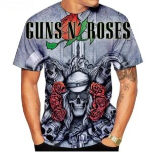 Grunge Guns N' Roses Silver Skull & Roses Graphic Men's T-Shirt