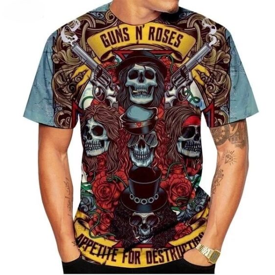 Guns N' Roses Gothic Skull Band Floral Collage Men's T-Shirt